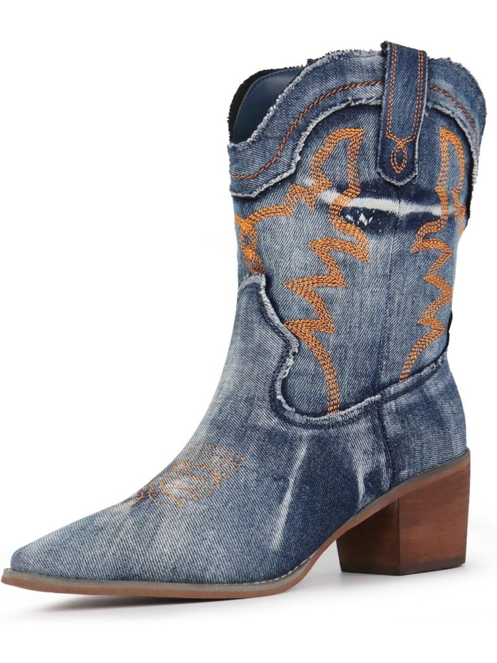 Women’s Blue Embroidered Western Ankle Booties Pointed Toe Chunky Block Heel
